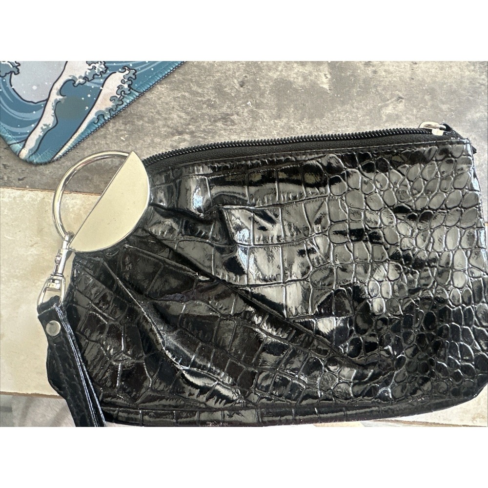 Lulu Black Faux Croc Embossed Patent Wristlet Clutch Bag Silver Ring Handle